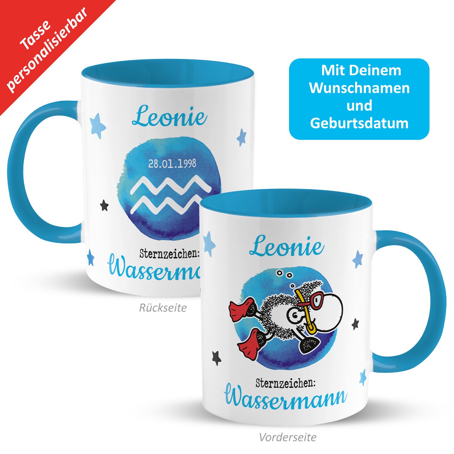 Tasse mit Sternzeichen »Wassermann«, mit Namen und Geburtsdatum, blau, personalisiert