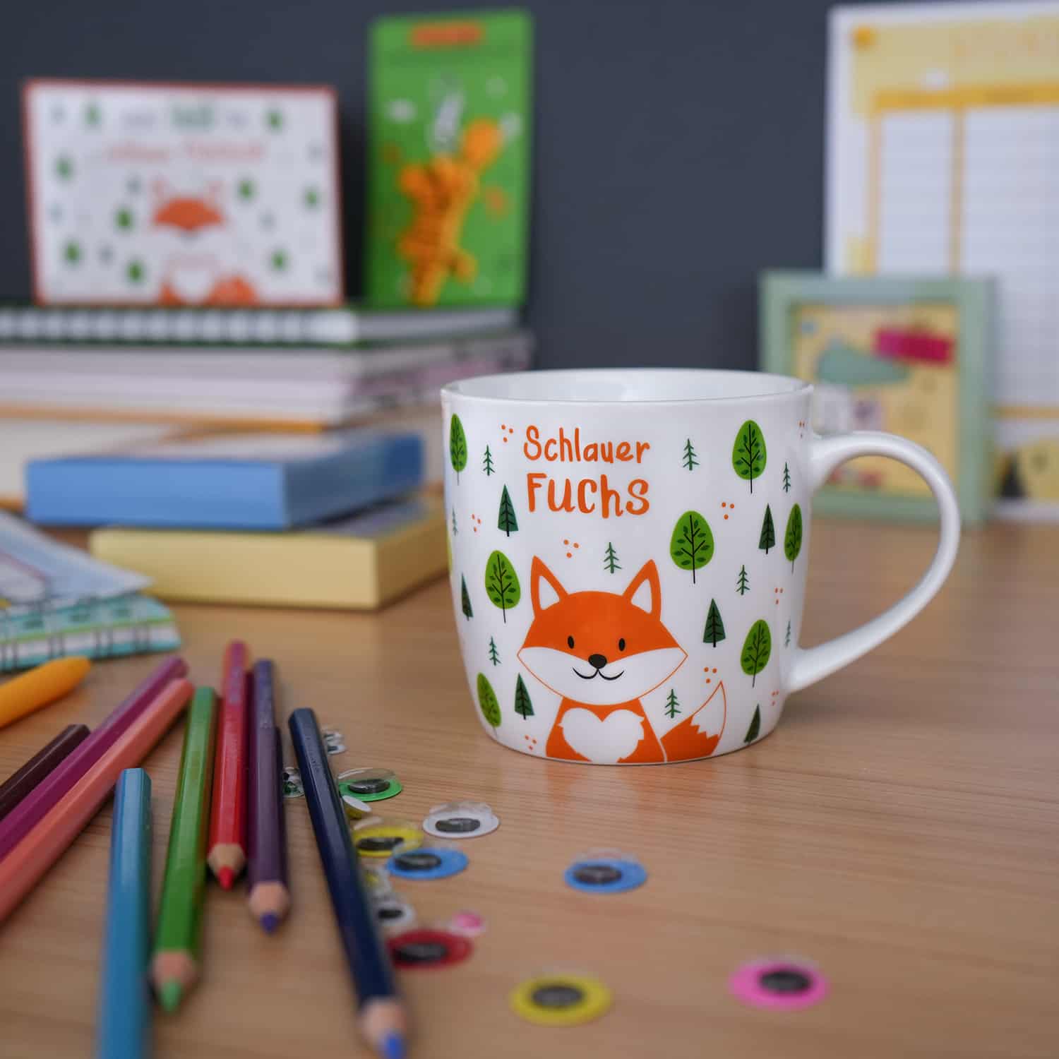 Tasse für Kinder zum Schulanfang mit Fuchs und Spruch schlauer Fuchs und Bäumen