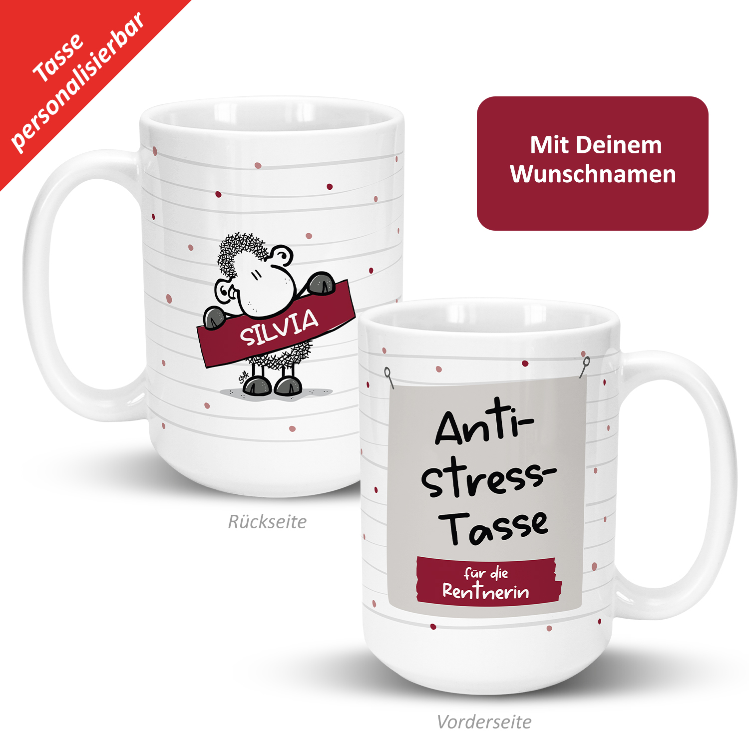XL Anti-Stress-Tasse »für die Rentnerin …« mit Wunschnamen, weiß, personalisiert