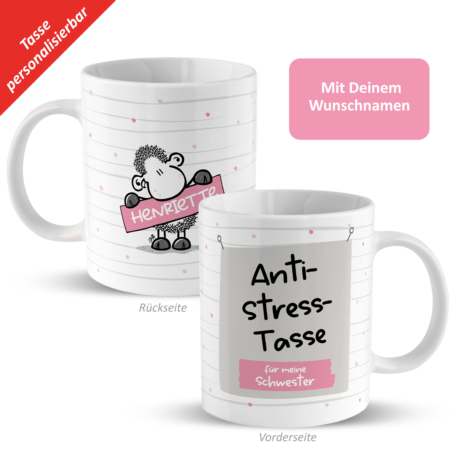 Anti-Stress-Tasse »für die Schwester …« mit Wunschnamen, weiß, personalisiert
