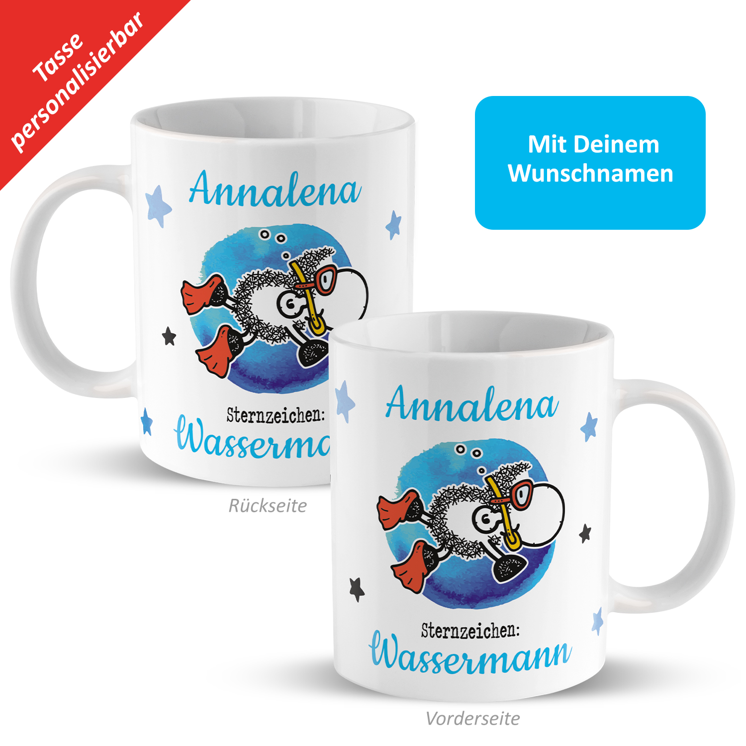 Tasse mit Sternzeichen »Wassermann«, mit Namen, weiß, personalisiert