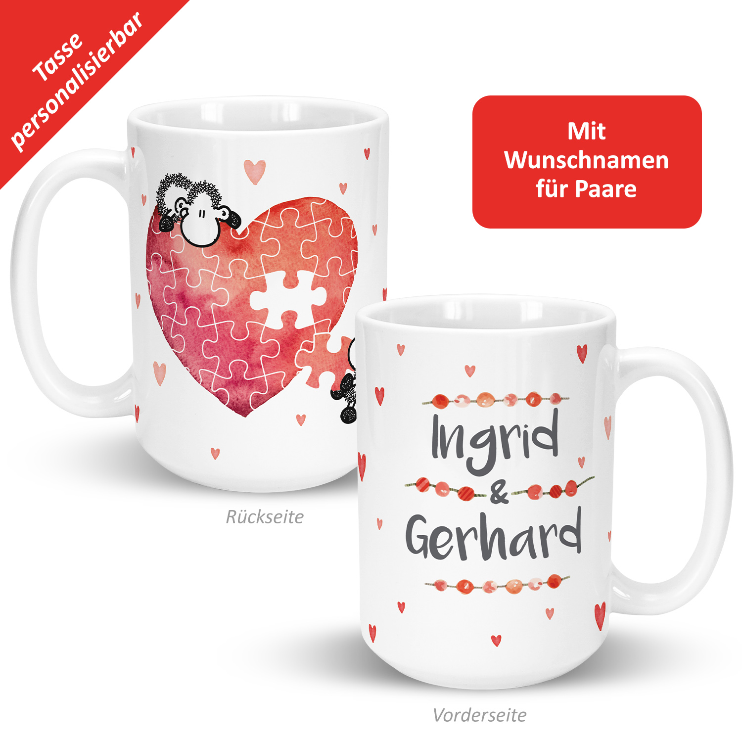 XL-Tasse für Paare »Puzzle« mit Namen des Paares, weiß, personalisiert