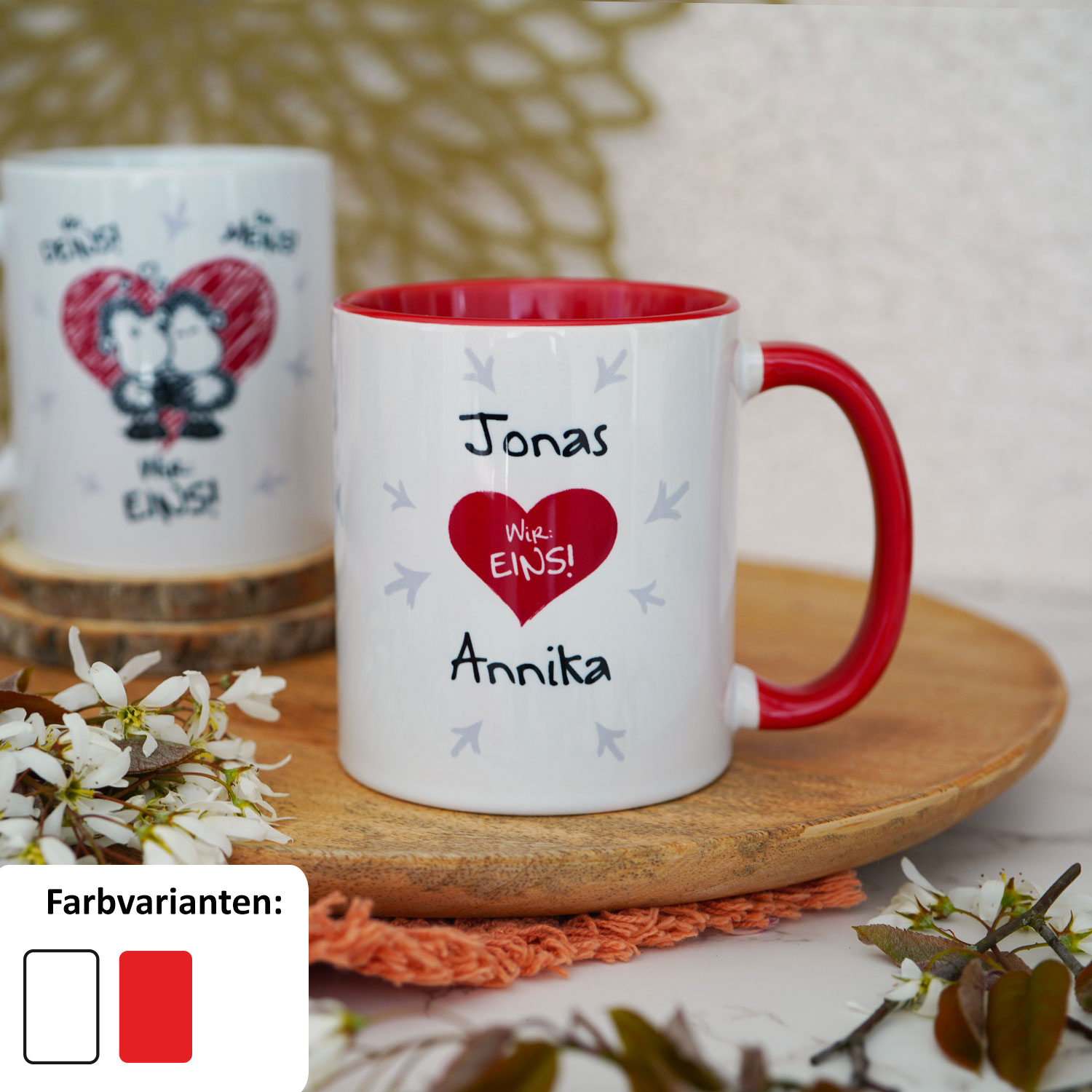 Tasse für Paare »Ich: Deins! Du: Meins! Wir: EINS!« mit Namen des Paares, rot, personalisiert