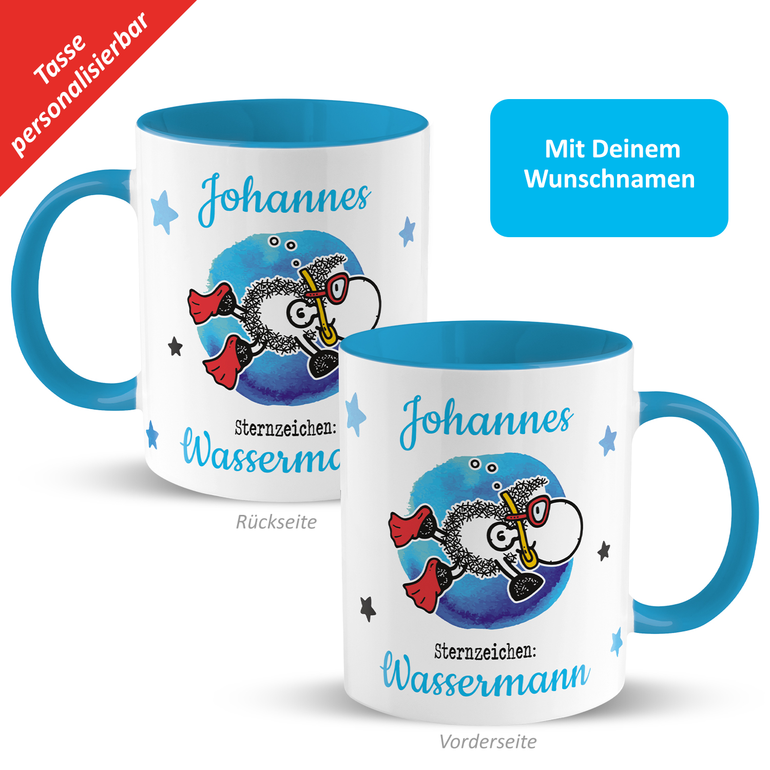 Tasse mit Sternzeichen »Wassermann«, mit Namen, blau, personalisiert