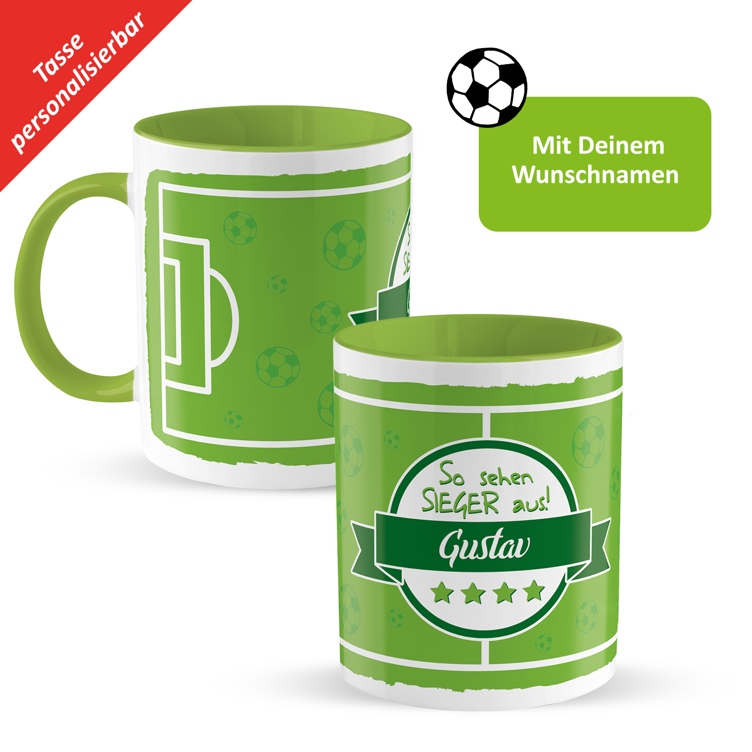 Fußball-Tasse »So sehen Sieger aus!« mit Wunschnamen, Fußballfeld, grün, personalisiert