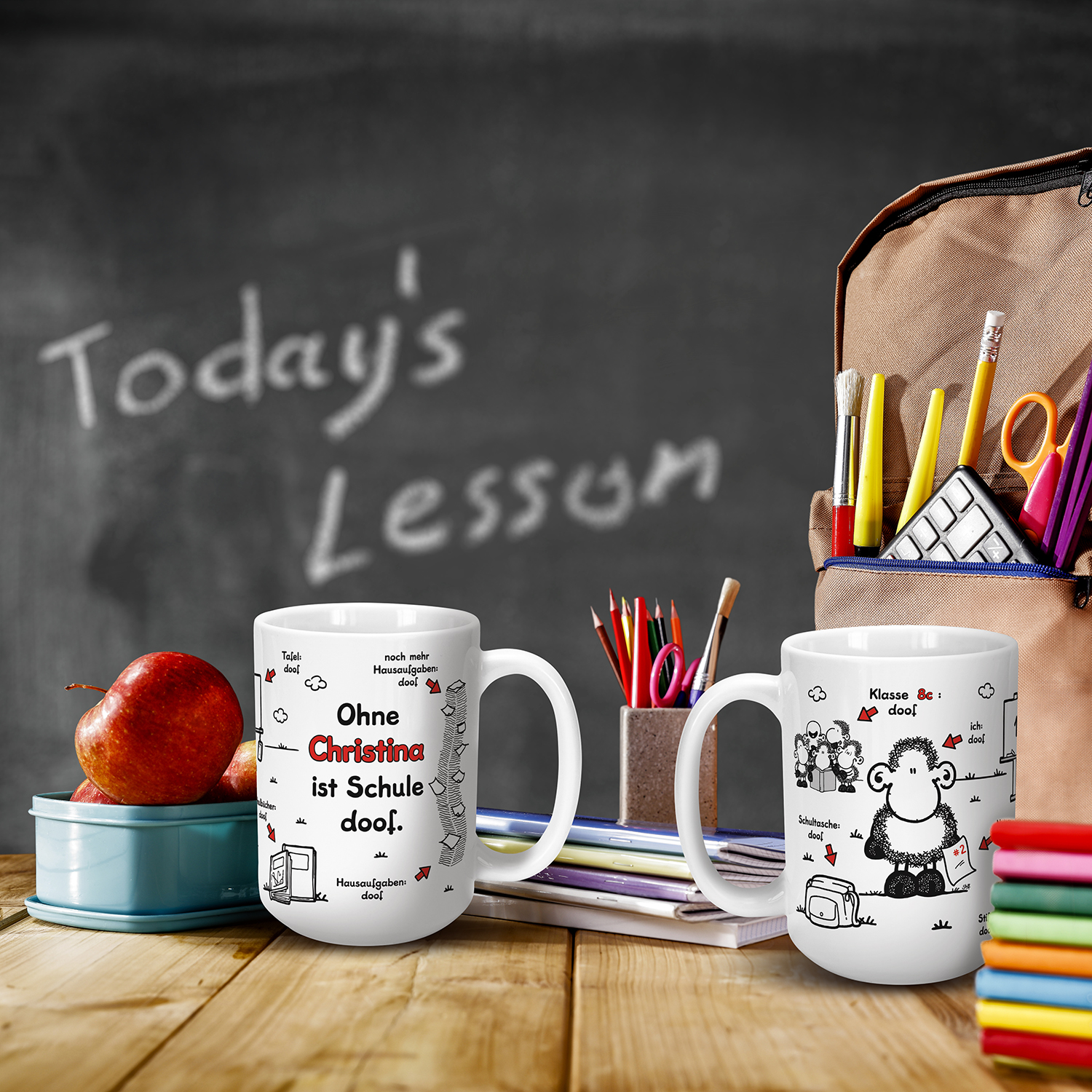 XL-Tasse zum Schulanfang »Ohne ... ist Schule doof.« mit Wunschnamen und  Klasse, weiß, personalisiert | Weiß | L1547