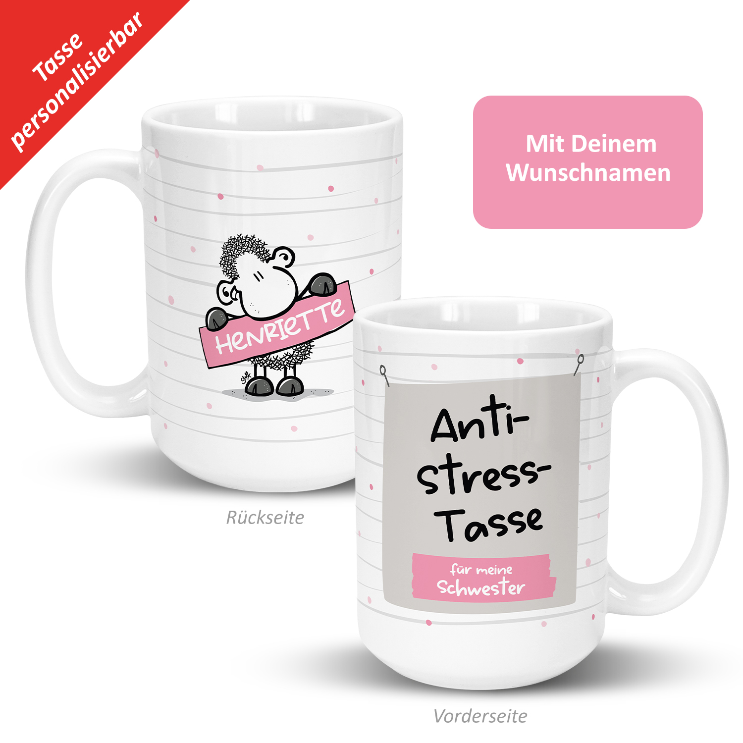 XL Anti-Stress-Tasse »für die Schwester …« mit Wunschnamen, weiß, personalisiert