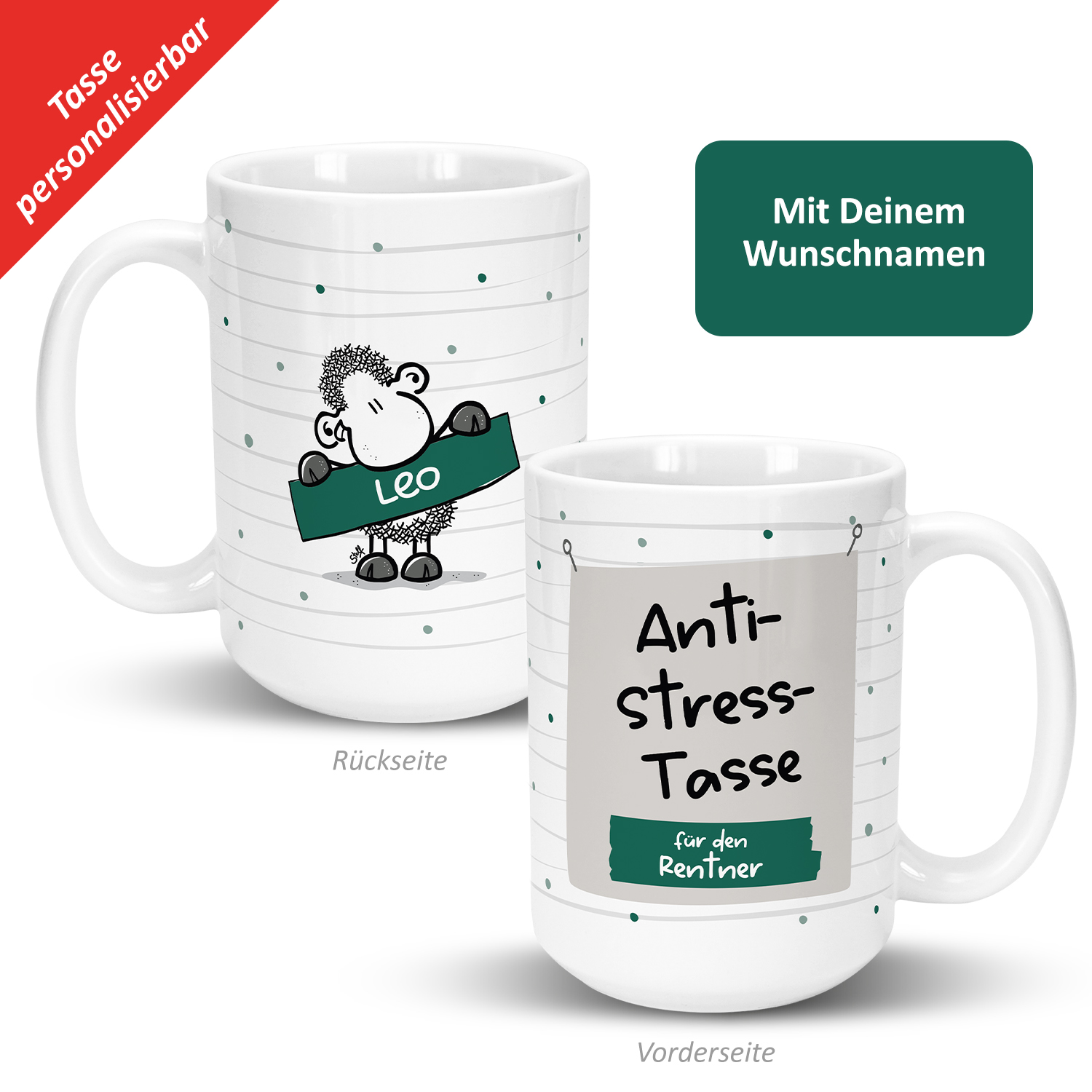 XL Anti-Stress-Tasse »für den Rentner …« mit Wunschnamen, weiß, personalisiert