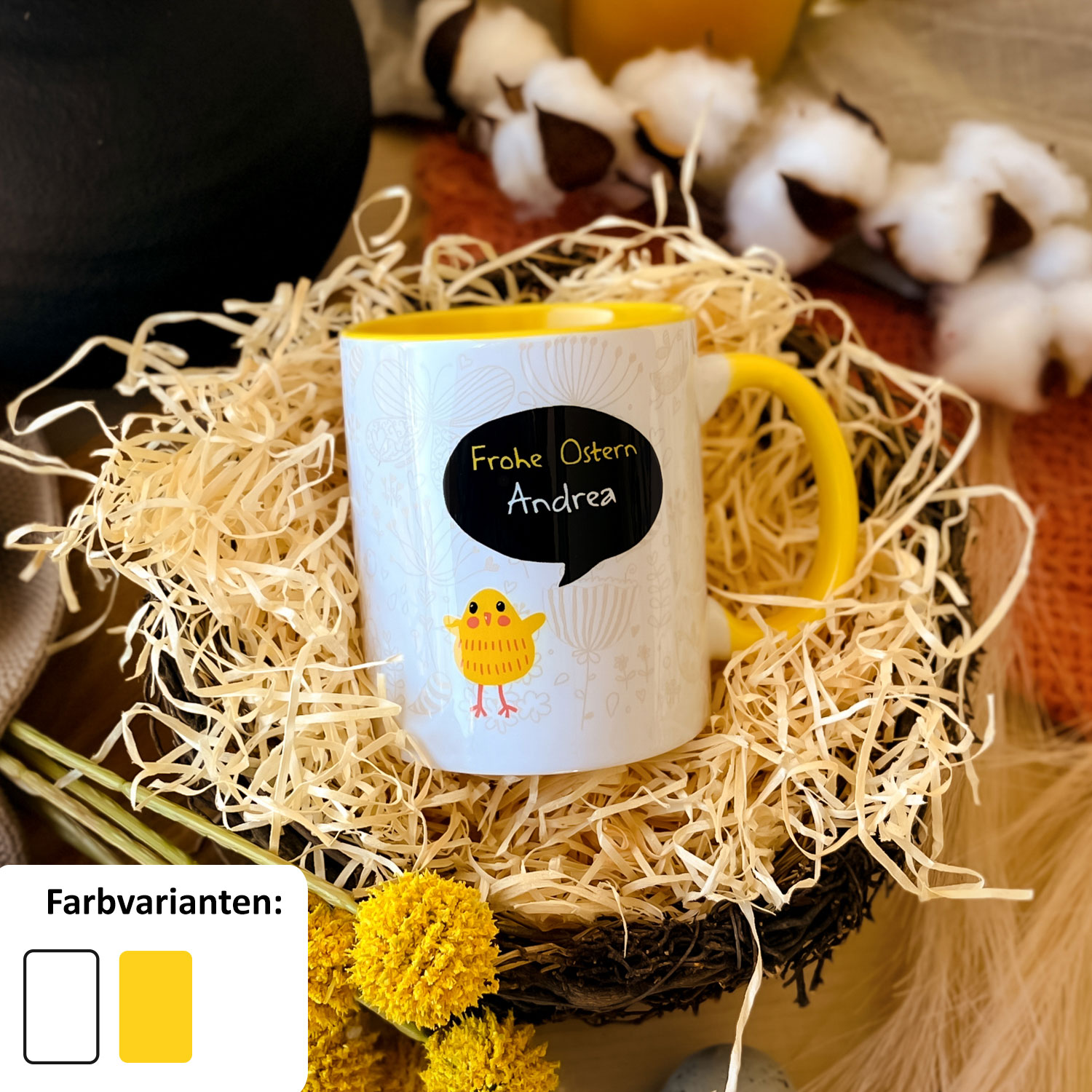 Tasse für Ostern »Frohe Ostern ...« mit Wunschnamen, gelb, personalisierbar