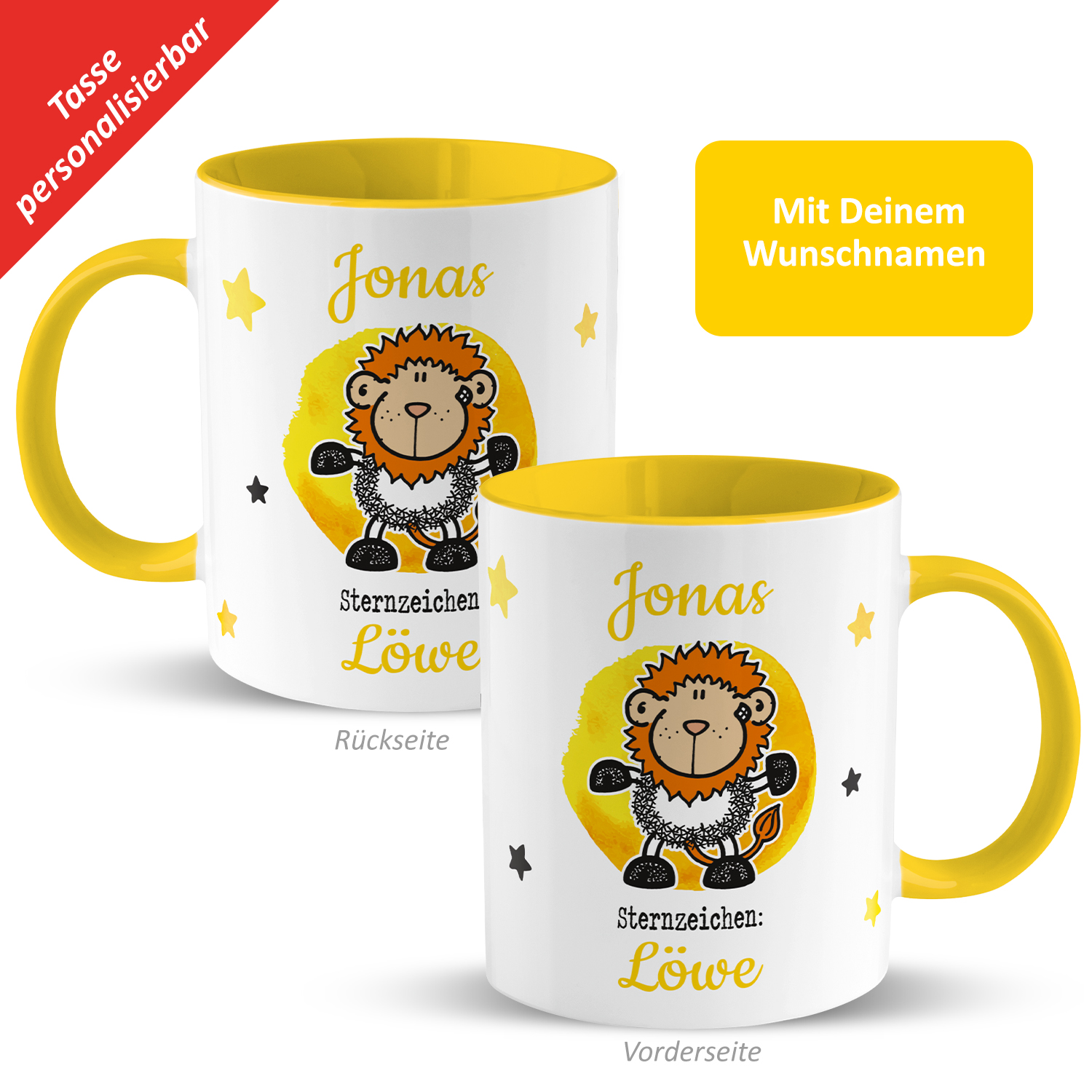 Tasse mit Sternzeichen »Löwe«, mit Namen, gelb, personalisiert