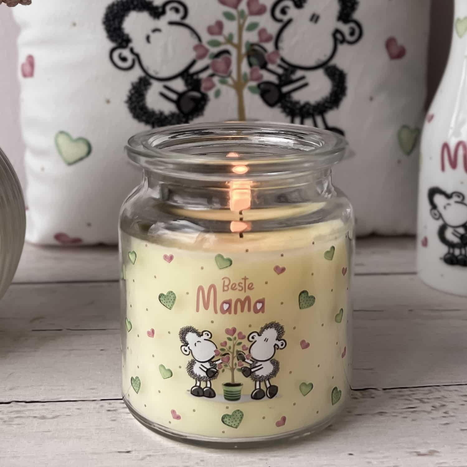 Kerze im Glas mit sheepworld Motiv und dem Spruch "Beste Mama"