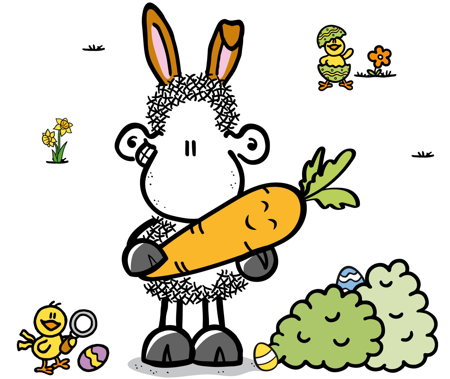 sheepworld Schaf mit Ohrenhasen und einer Karotte in der Hand im Oster Theme